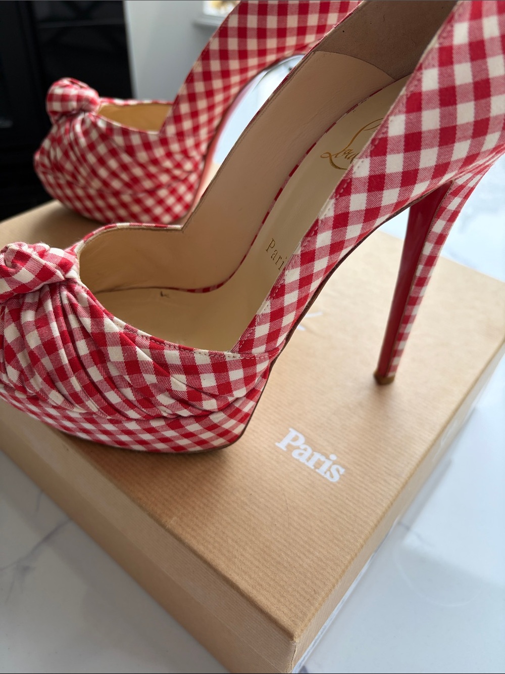 Christian Louboutin Red and White Gingham Peep-Toe Knot Pumps - Picture 3 of 12